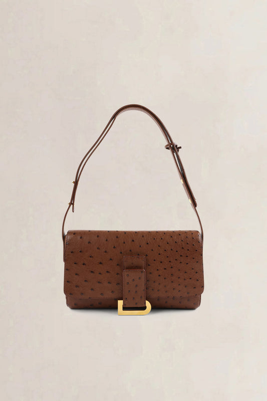 Delvaux Brown Ostrich Leather Passrelle Crossbody Bag