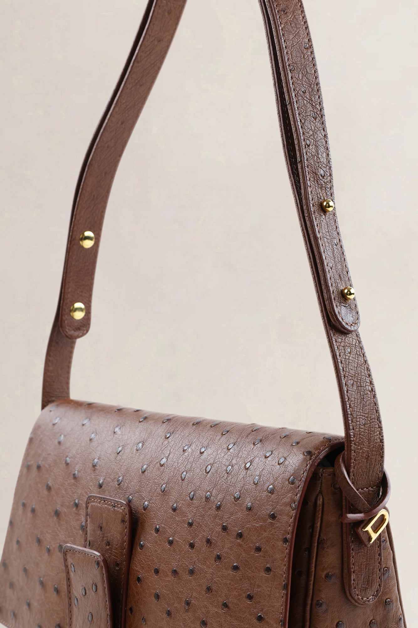 Delvaux Brown Ostrich Leather Passrelle Crossbody Bag