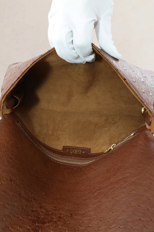 Delvaux Brown Ostrich Leather Passrelle Crossbody Bag