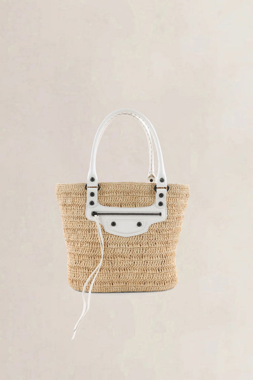 Balenciaga Cream Raffia Le City Bag with Shoulder Strap