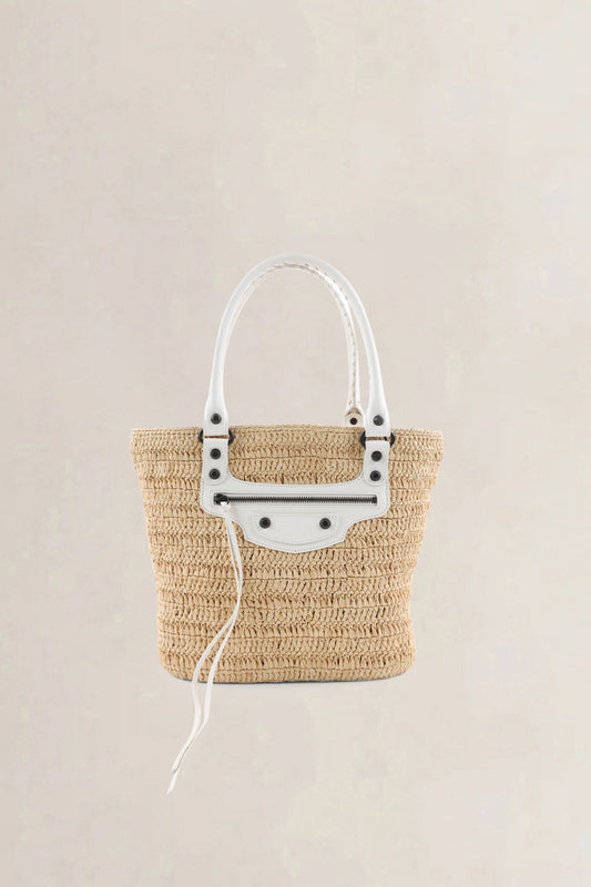 Balenciaga Cream Raffia Le City Bag with Shoulder Strap