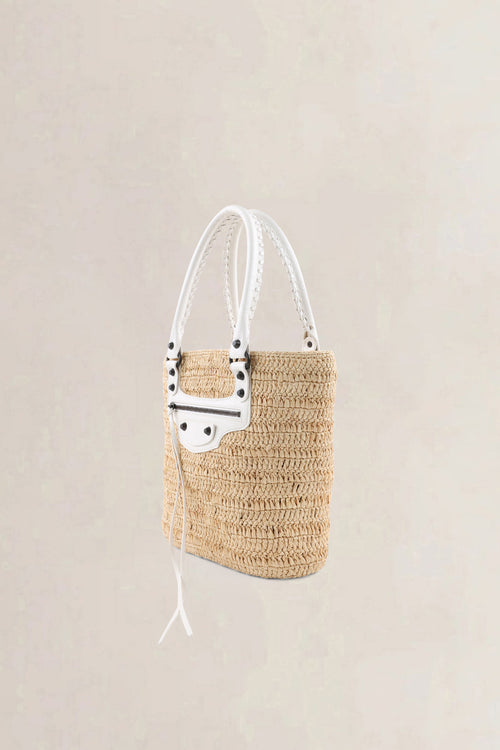 Balenciaga Cream Raffia Le City Bag with Shoulder Strap