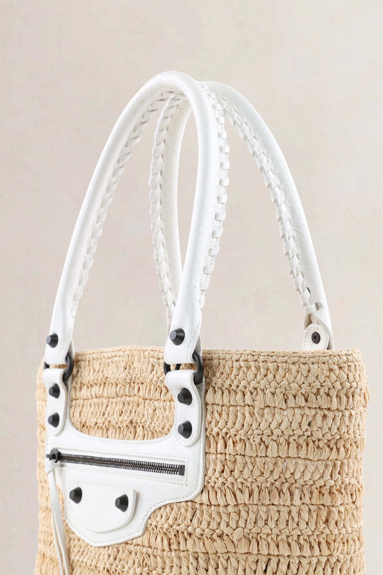 Balenciaga Cream Raffia Le City Bag with Shoulder Strap