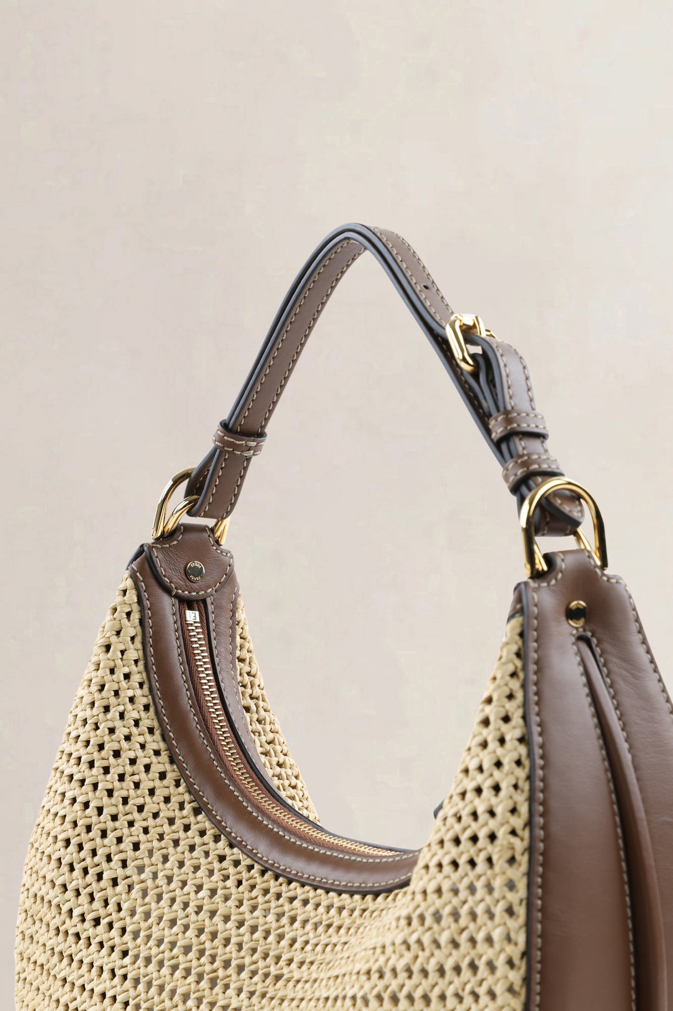 Fendi Natural & Brown Raffia Fendigraphy Small Hobo Shoulder Bag