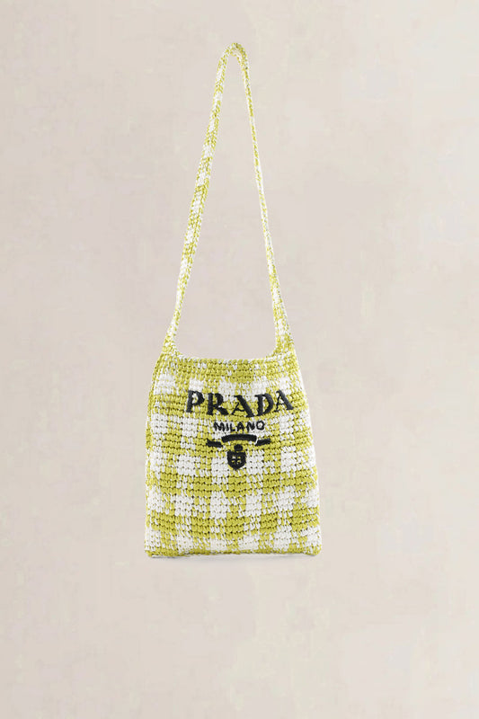 Prada Green/White Raffia Woven Logo Crossbody Bag