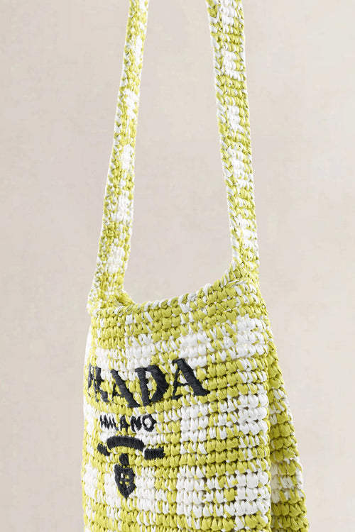 Prada Green/White Raffia Woven Logo Crossbody Bag