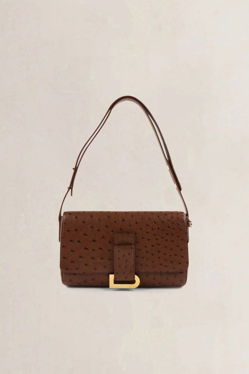 Delvaux Brown Ostrich Leather Passrelle Crossbody Bag