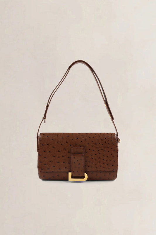 Delvaux Brown Ostrich Leather Passrelle Crossbody Bag