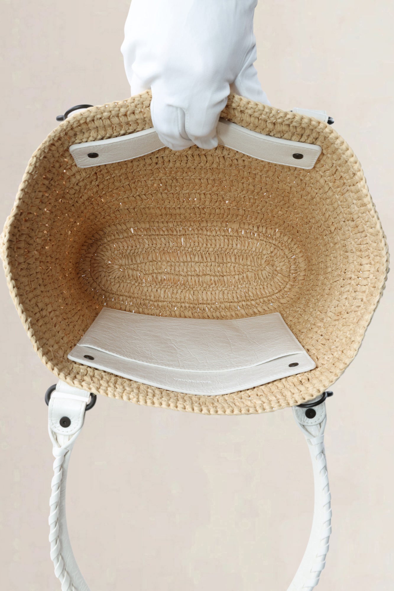 Balenciaga Cream Raffia Le City Bag with Shoulder Strap