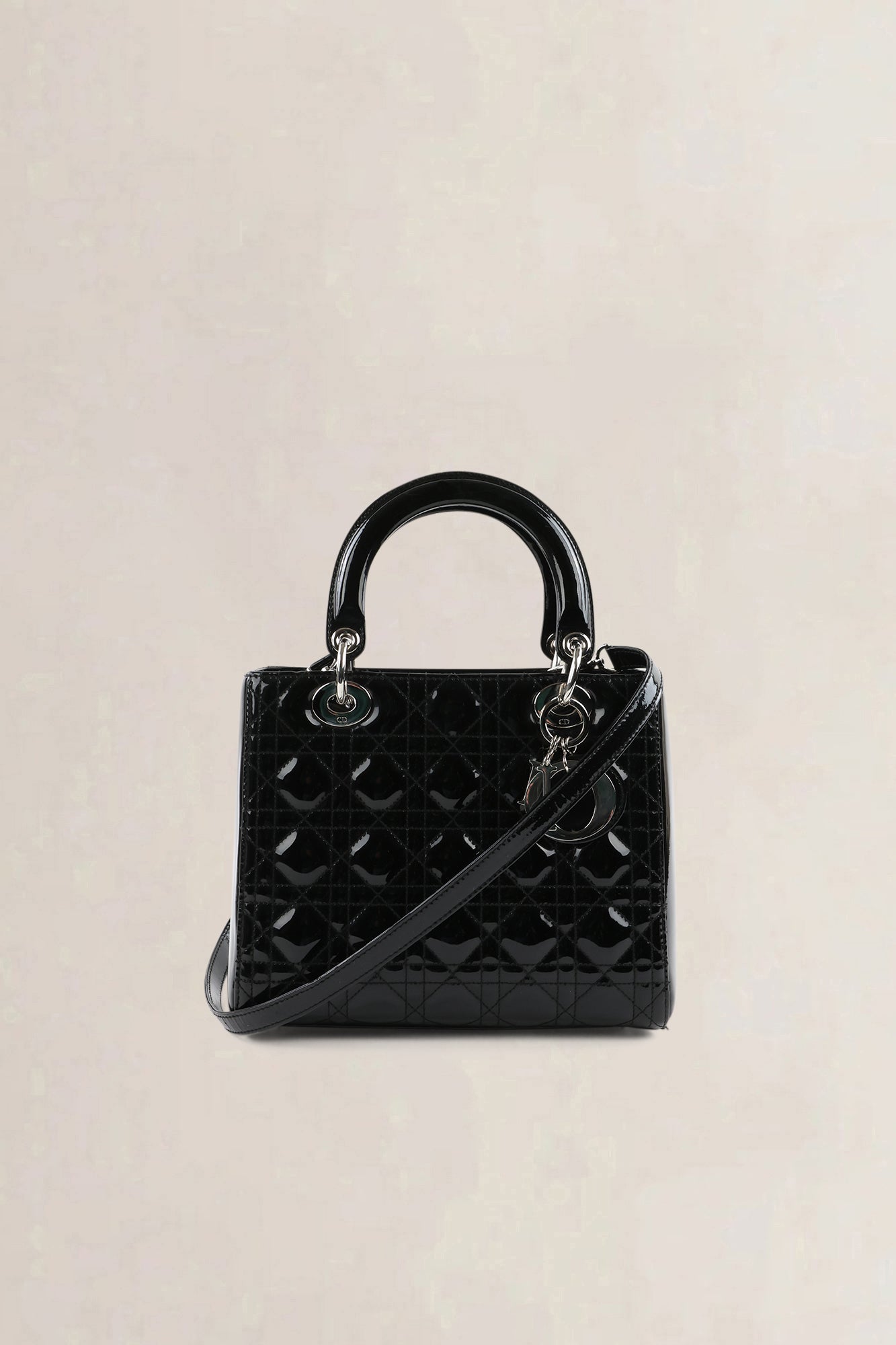 Christian Dior Black Patent Leather Lady Dior Medium Shoulder Bag
