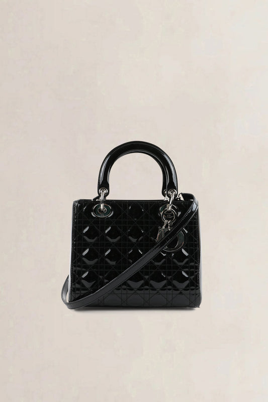 Christian Dior Black Patent Leather Lady Dior Medium Shoulder Bag