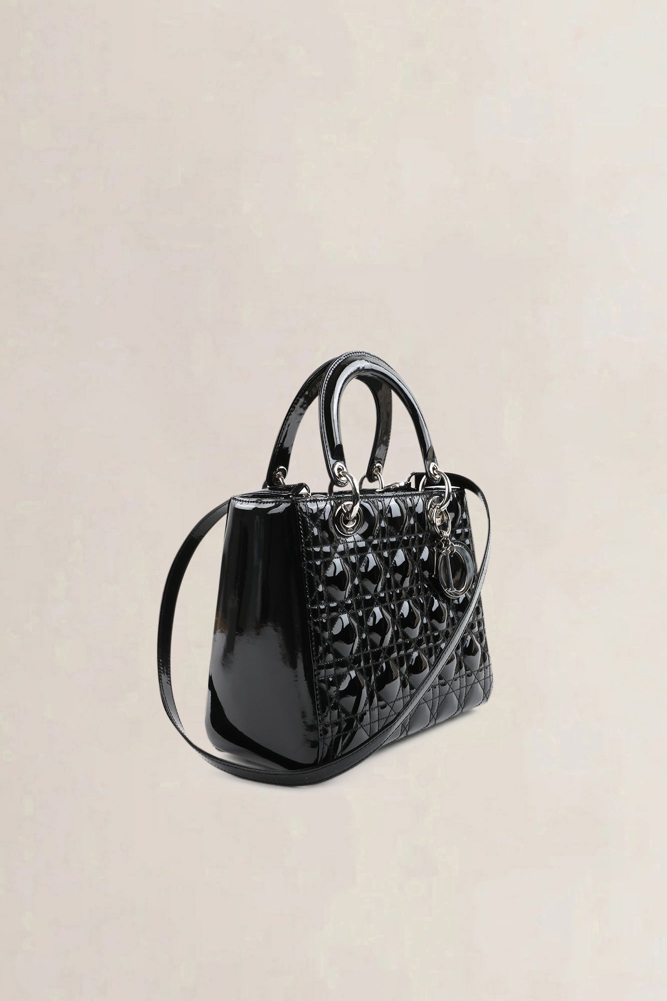 Christian Dior Black Patent Leather Lady Dior Medium Shoulder Bag