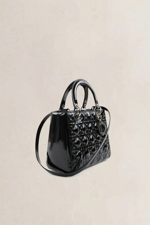 Christian Dior Black Patent Leather Lady Dior Medium Shoulder Bag