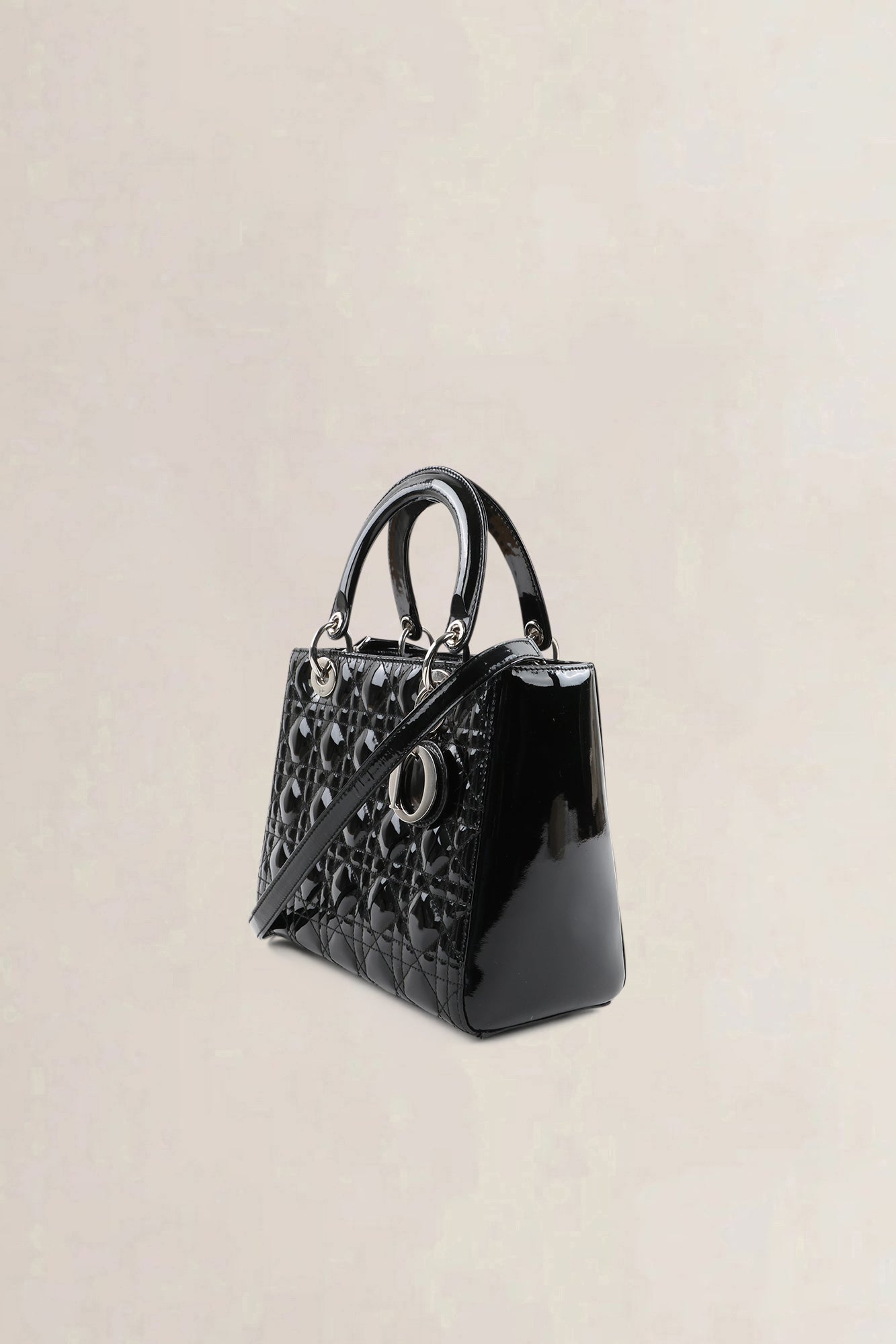 Christian Dior Black Patent Leather Lady Dior Medium Shoulder Bag
