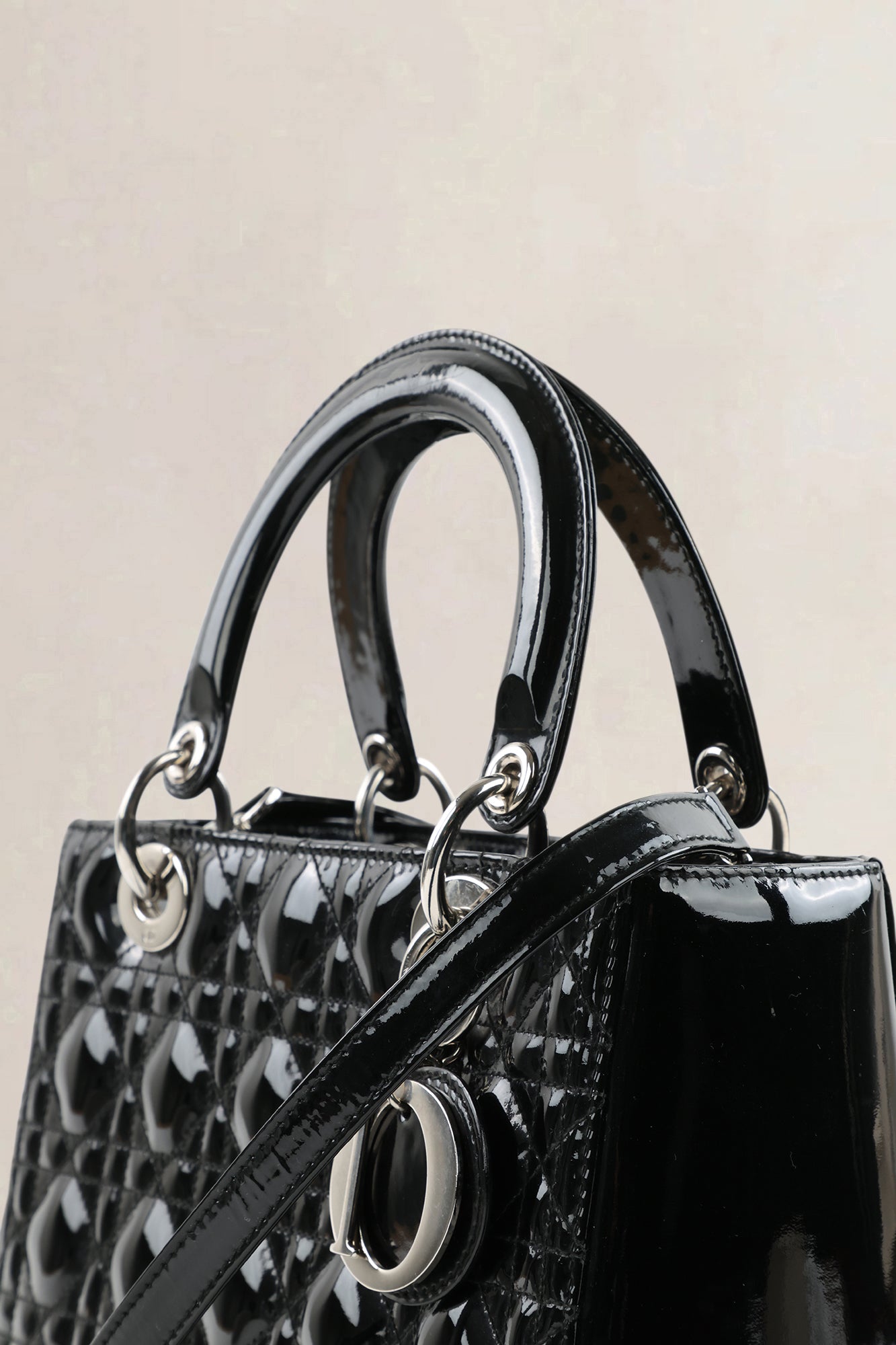 Christian Dior Black Patent Leather Lady Dior Medium Shoulder Bag