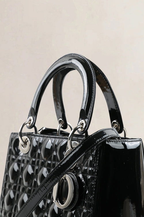 Christian Dior Black Patent Leather Lady Dior Medium Shoulder Bag