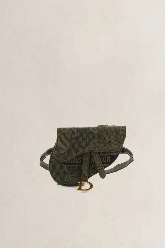 Christian Dior Green Embroidered Camouflage Cloth Saddle Belt Bag