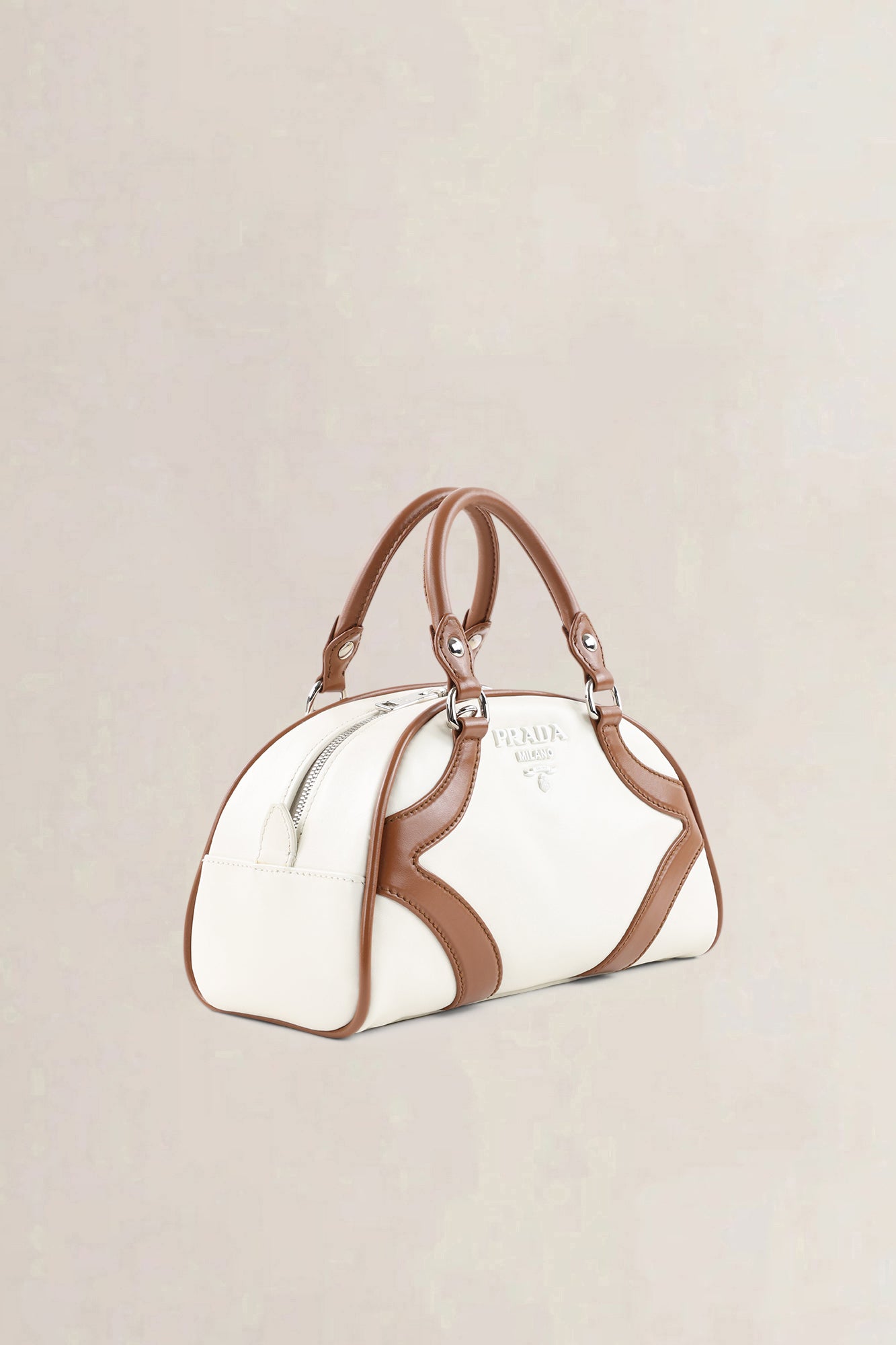 Prada Brown/White Soft Calfskin Leather Bowling Bag