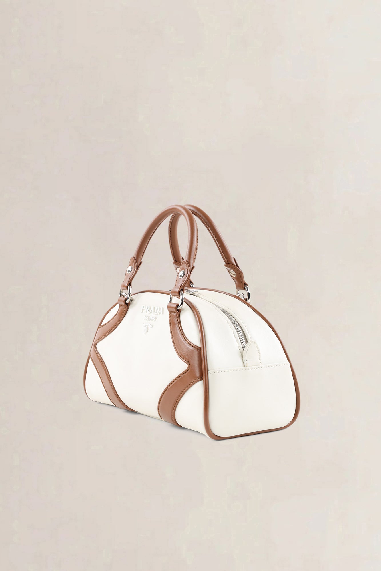 Prada Brown/White Soft Calfskin Leather Bowling Bag