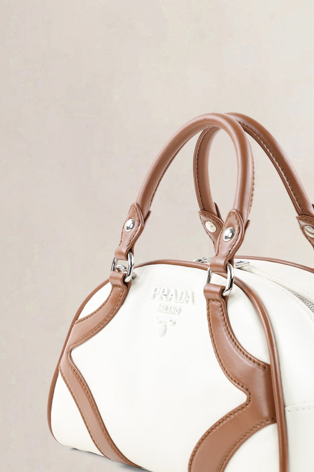 Prada Brown/White Soft Calfskin Leather Bowling Bag