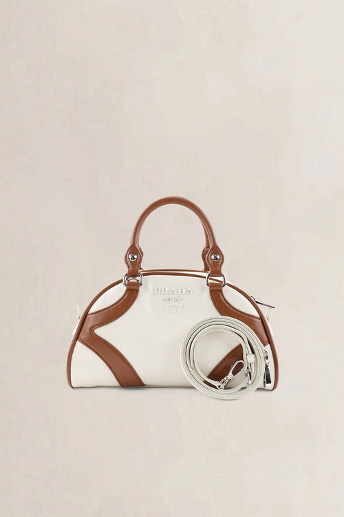 Prada Brown/White Soft Calfskin Leather Bowling Bag