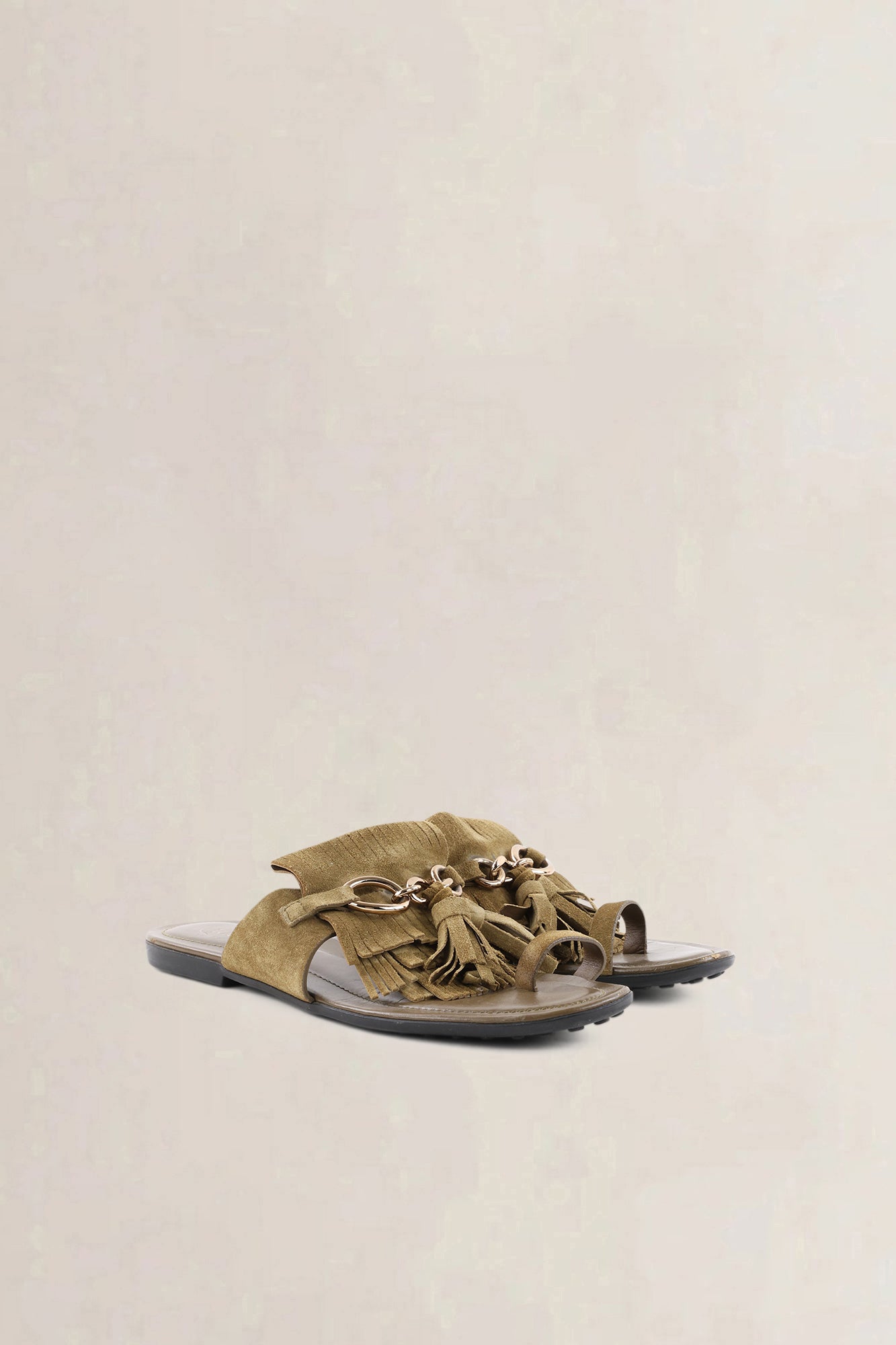 Tod's Olive Green Suede Fringed Flat Thong Sandals