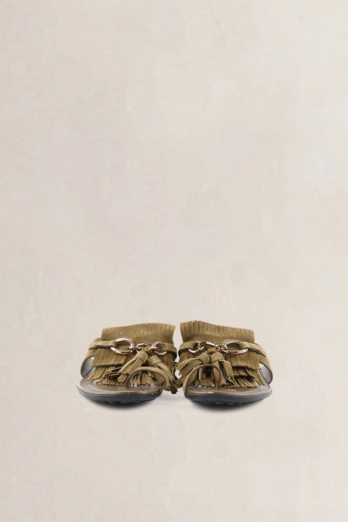 Tod's Olive Green Suede Fringed Flat Thong Sandals