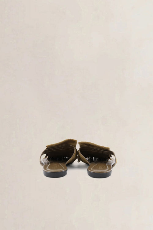 Tod's Olive Green Suede Fringed Flat Thong Sandals