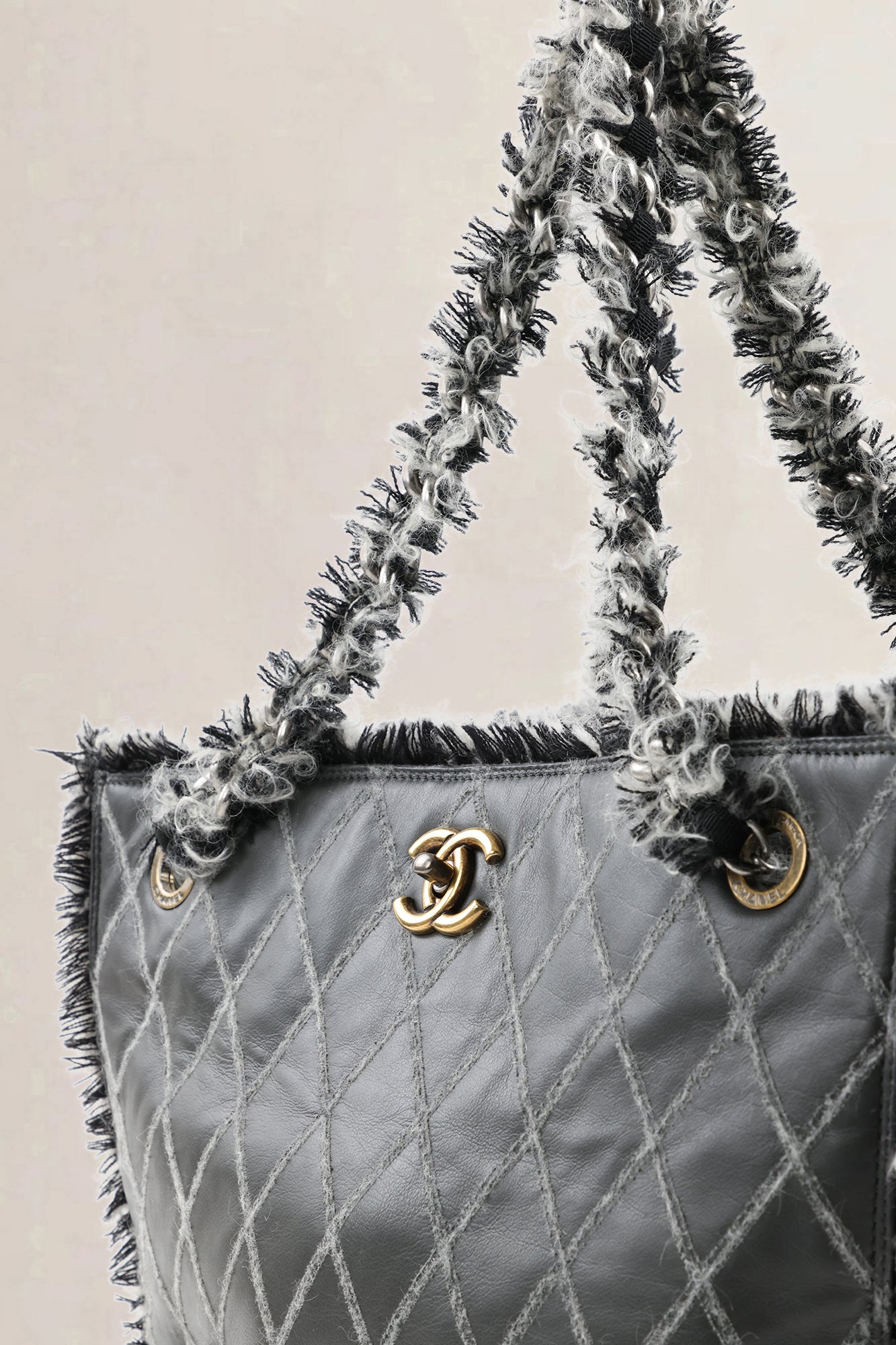 Chanel Grey Quilted Tweedy Tote Shoulder Bag