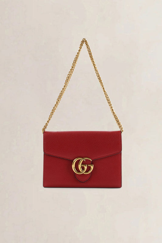 Gucci GG Marmont Red Leather Wallet on Chain Crossbody Bag