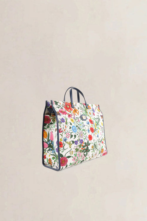 Gucci Blue Multicolor Floral Canvas Large Top Handle Tote Bag