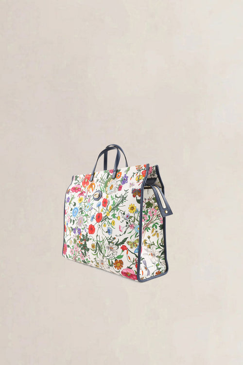 Gucci Blue Multicolor Floral Canvas Large Top Handle Tote Bag