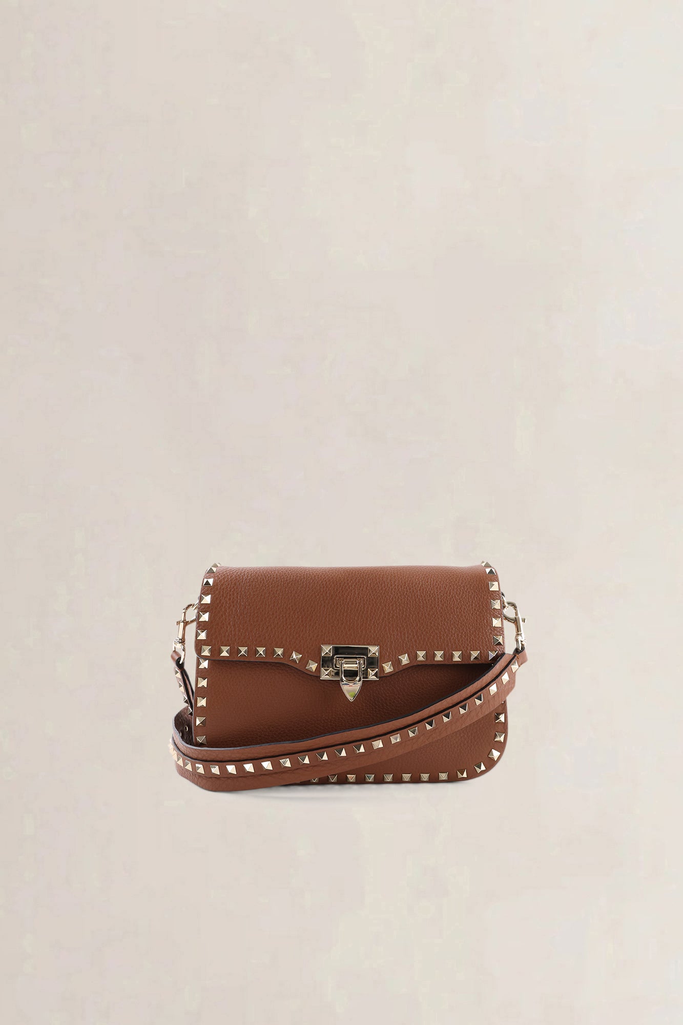 Valentino Garavani Small Brown Grainy Calfskin Rockstud Crossbody Bag