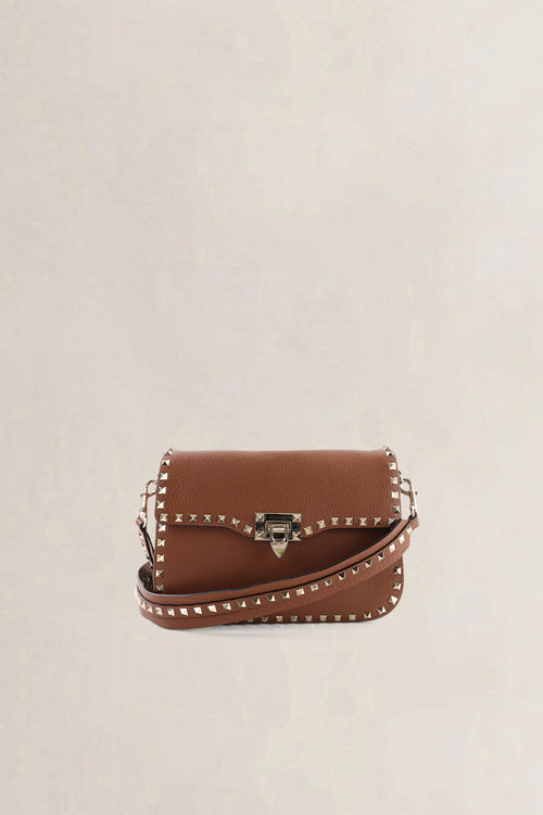Valentino Garavani Small Brown Grainy Calfskin Rockstud Crossbody Bag