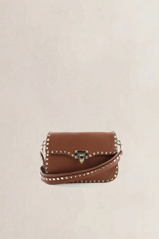 Valentino Garavani Small Brown Grainy Calfskin Rockstud Crossbody Bag