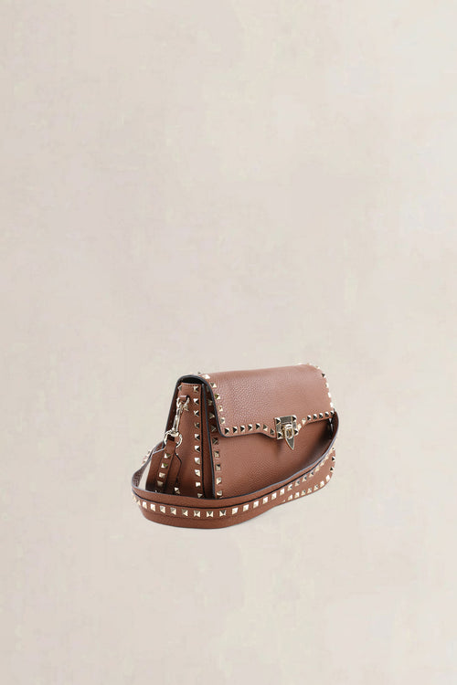 Valentino Garavani Small Brown Grainy Calfskin Rockstud Crossbody Bag