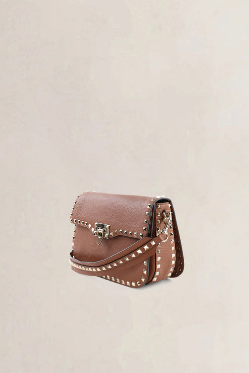 Valentino Garavani Small Brown Grainy Calfskin Rockstud Crossbody Bag