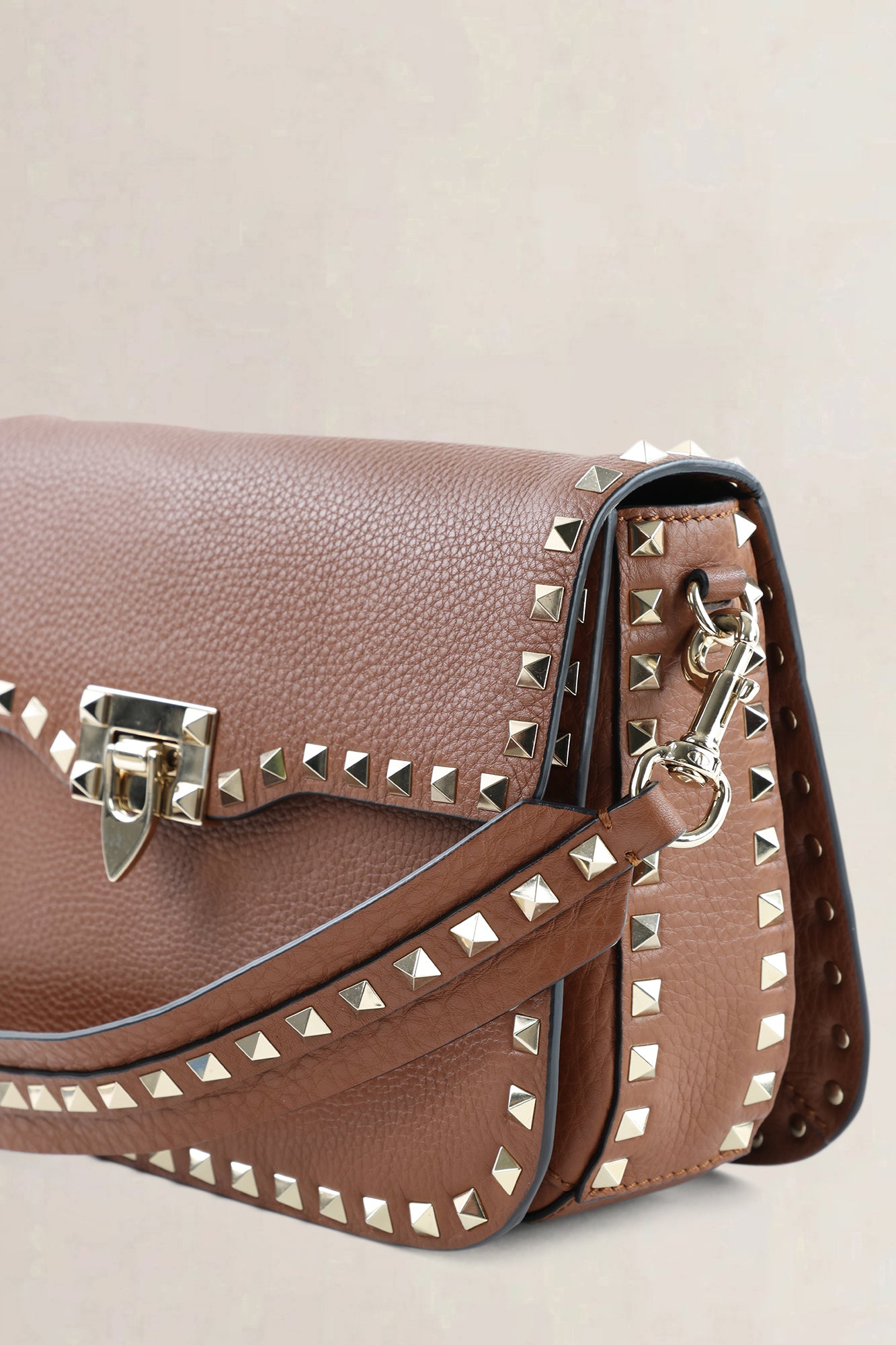 Valentino Garavani Small Brown Grainy Calfskin Rockstud Crossbody Bag