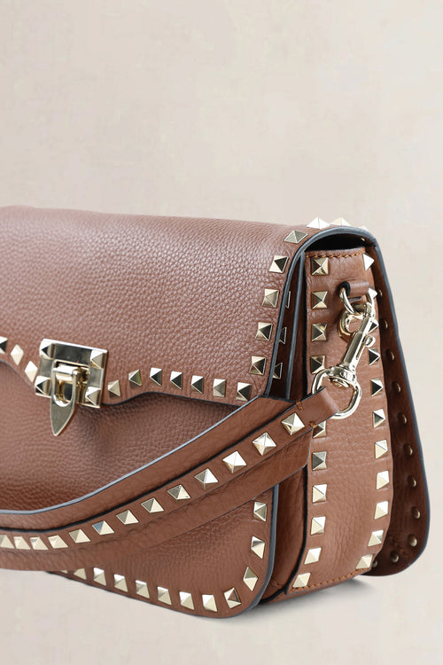 Valentino Garavani Small Brown Grainy Calfskin Rockstud Crossbody Bag