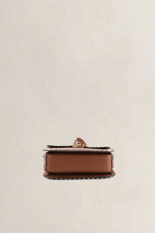 Valentino Garavani Small Brown Grainy Calfskin Rockstud Crossbody Bag