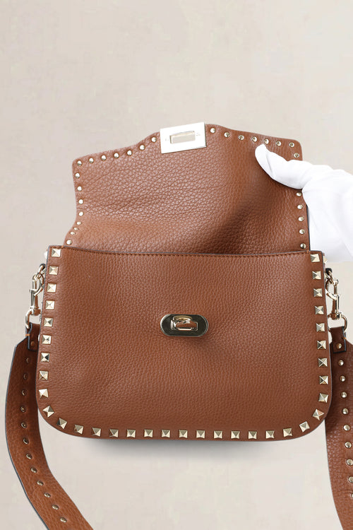 Valentino Garavani Small Brown Grainy Calfskin Rockstud Crossbody Bag