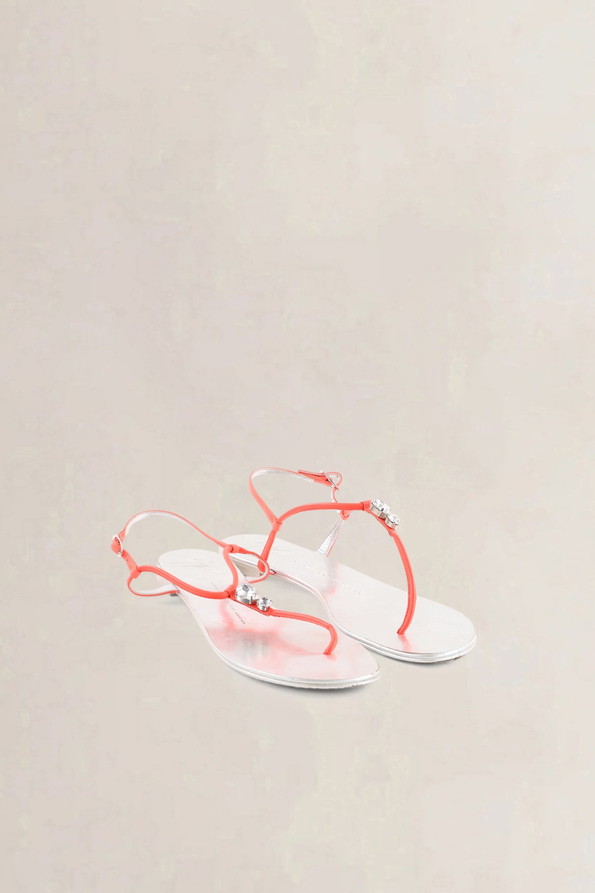 Giuseppe Zanotti Silver Leather T-Strap Sandals with Neon Orange Straps