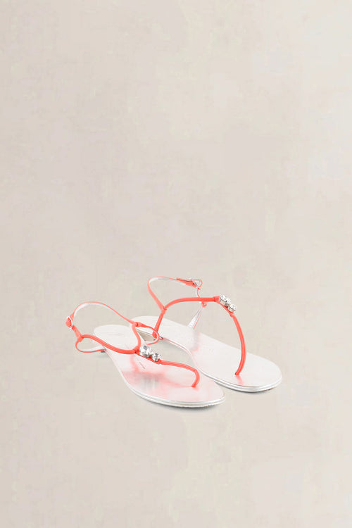 Giuseppe Zanotti Silver Leather T-Strap Sandals with Neon Orange Straps
