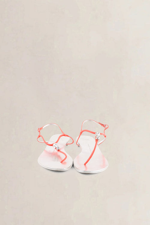 Giuseppe Zanotti Silver Leather T-Strap Sandals with Neon Orange Straps