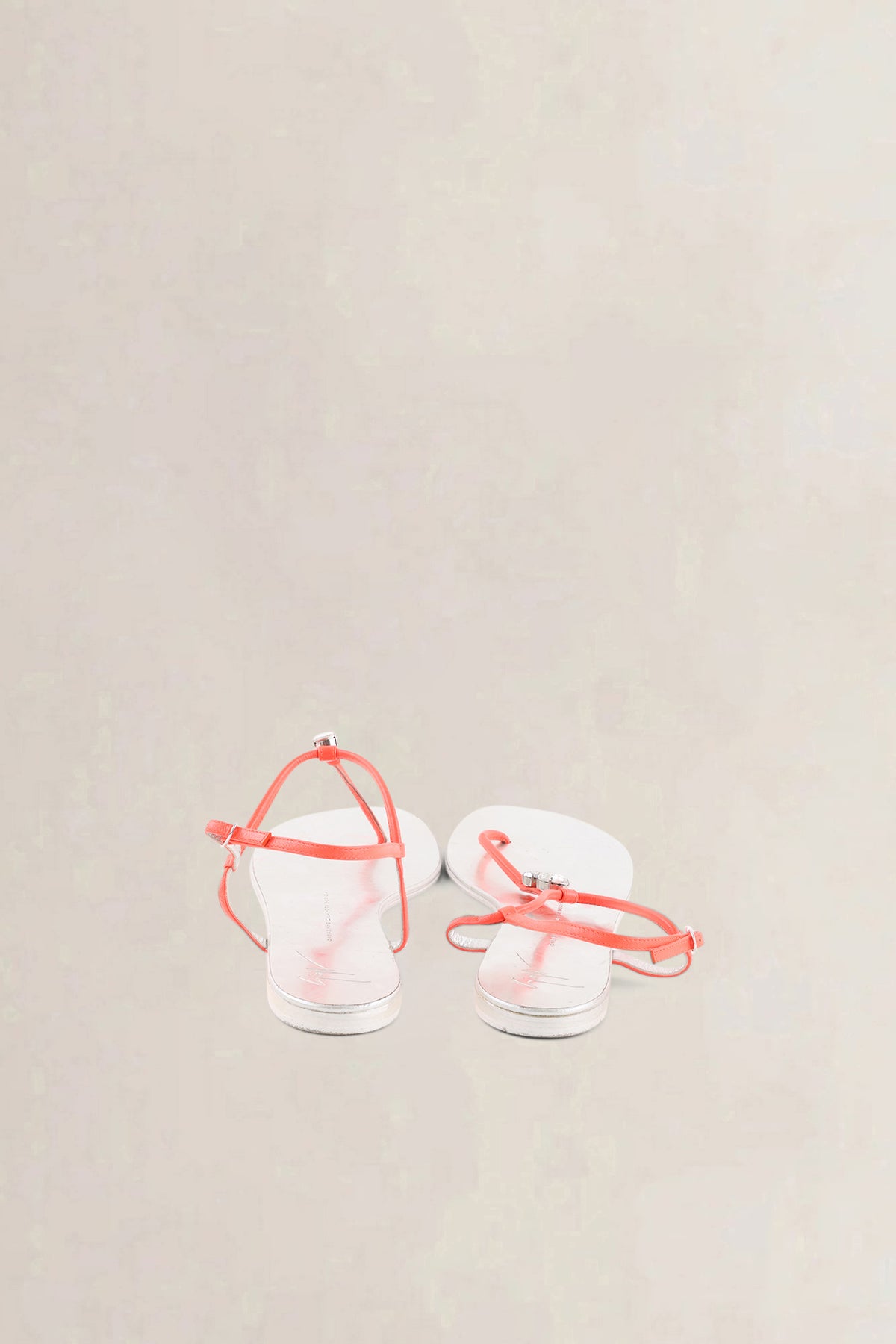Giuseppe Zanotti Silver Leather T-Strap Sandals with Neon Orange Straps