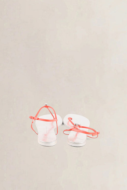 Giuseppe Zanotti Silver Leather T-Strap Sandals with Neon Orange Straps
