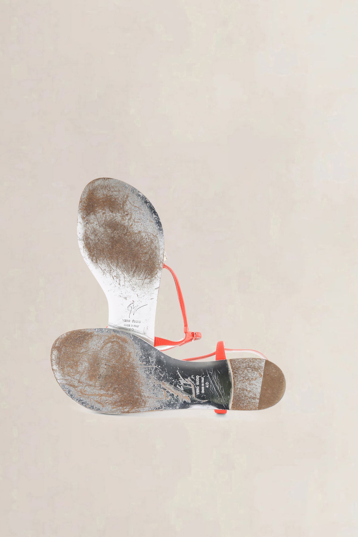 Giuseppe Zanotti Silver Leather T-Strap Sandals with Neon Orange Straps