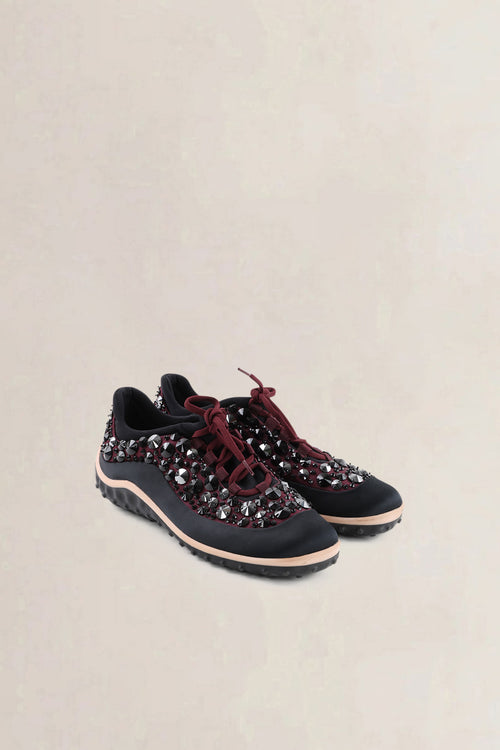 Miu Miu Black & Burgundy Embellished Satin & Mesh Astro Sneakers