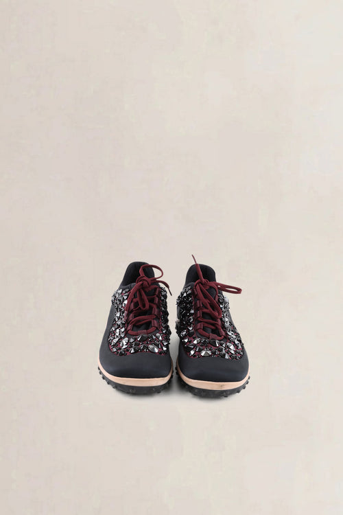 Miu Miu Black & Burgundy Embellished Satin & Mesh Astro Sneakers