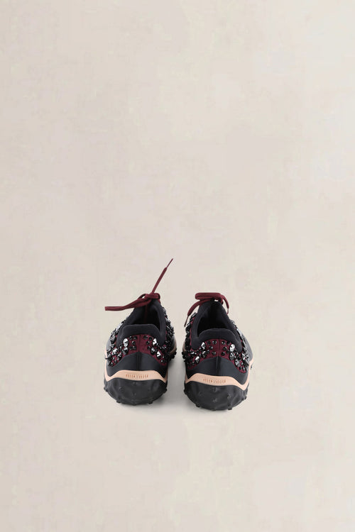 Miu Miu Black & Burgundy Embellished Satin & Mesh Astro Sneakers